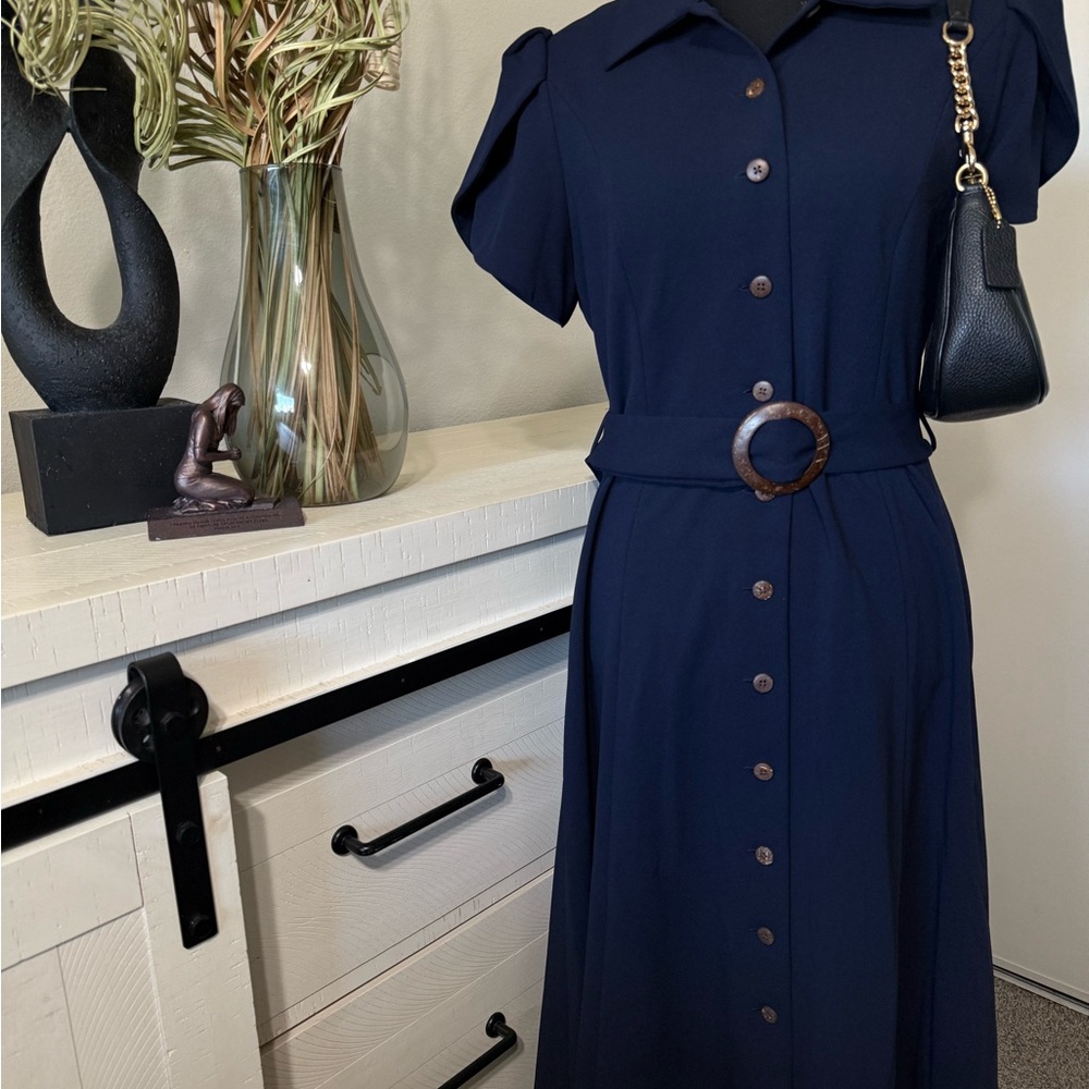 Calvin Klein Navy Blue Midi Dress with Belt